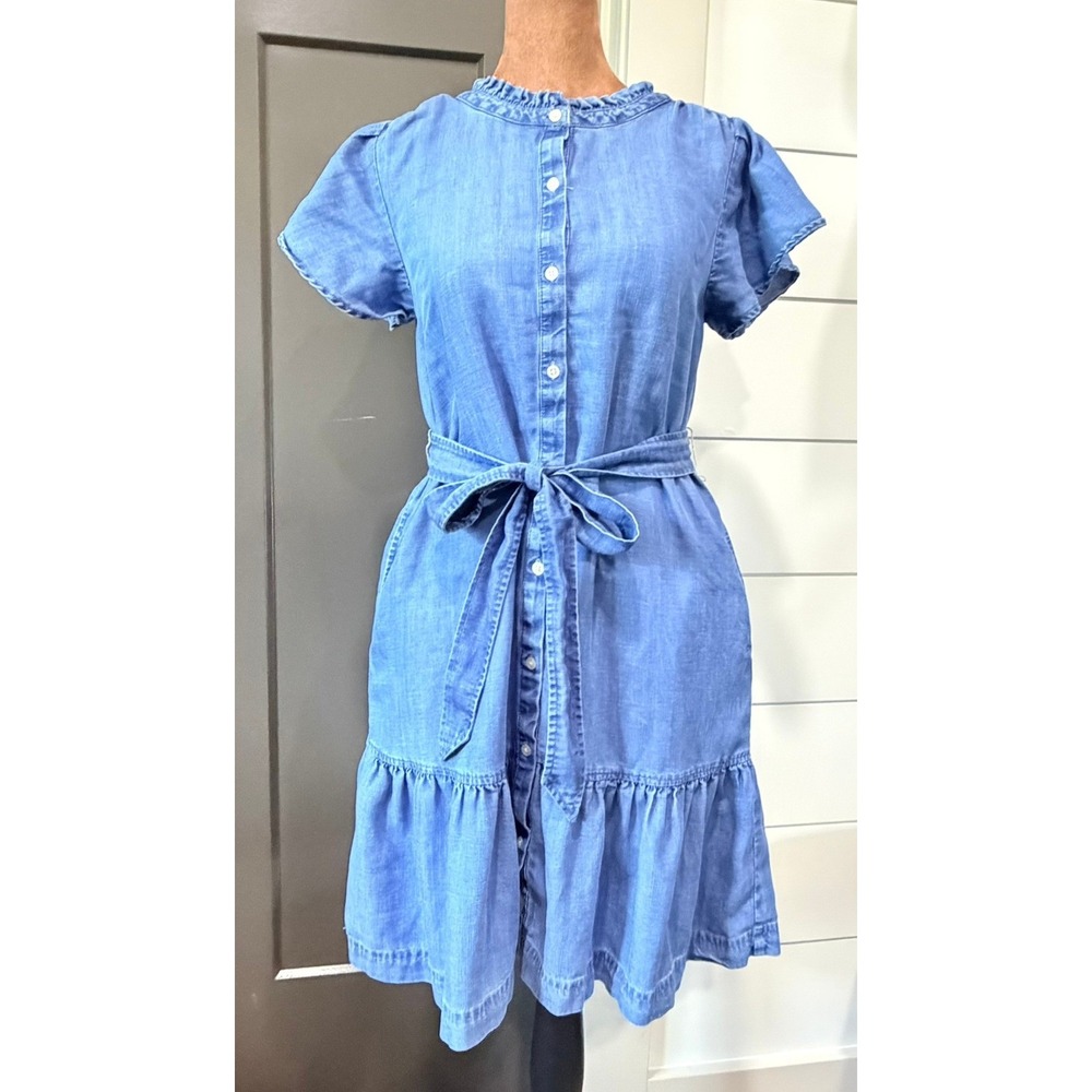 LOFT Chambray Linen Blend Ruffle Neck Tiered Shirt Dress Blue Size 0 Pocket Mini